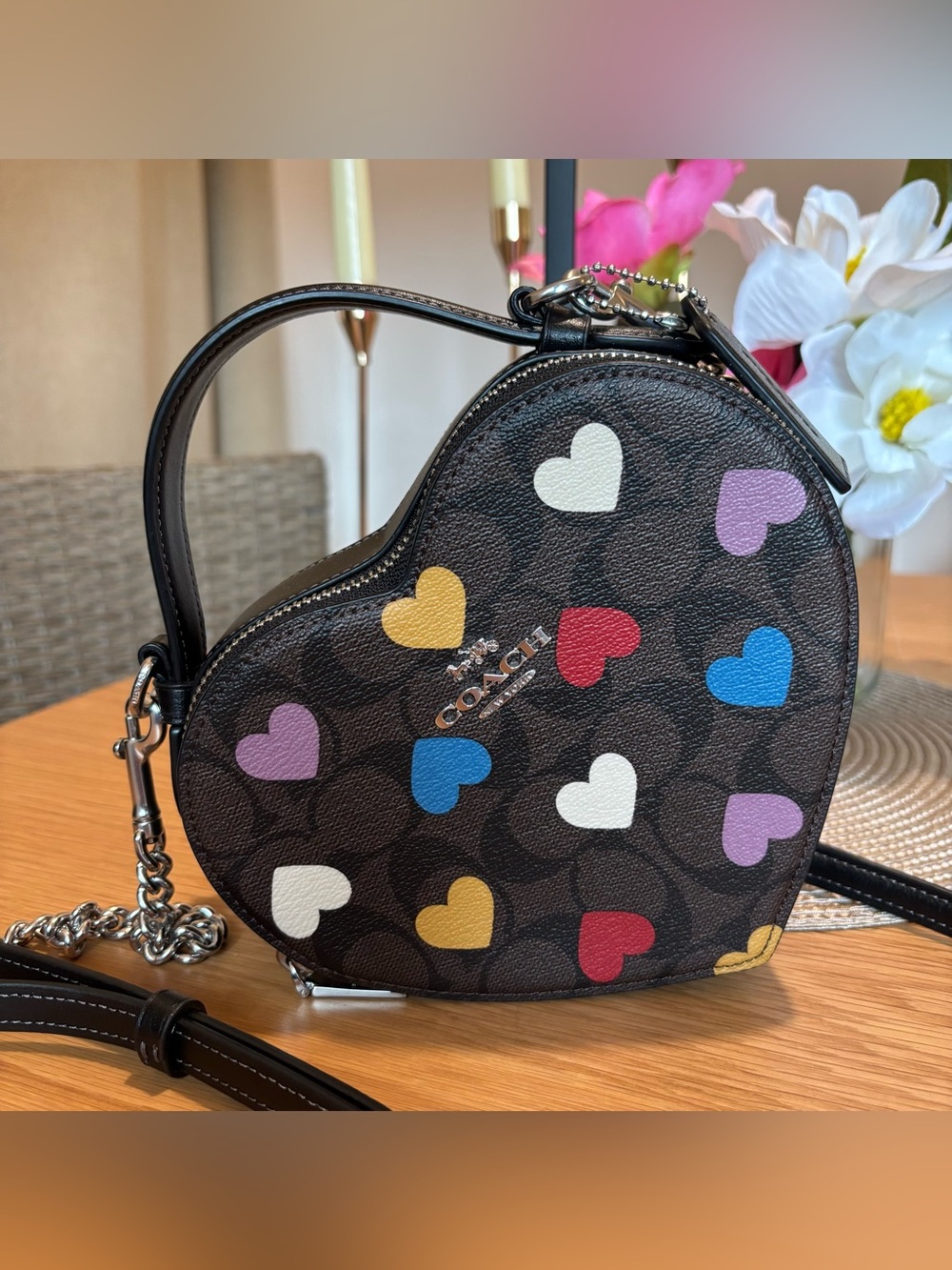 COACH Women’s Heart Crossbody Bag - Brown Multi In Signature Leather CP022 - Picture 2 of 14
